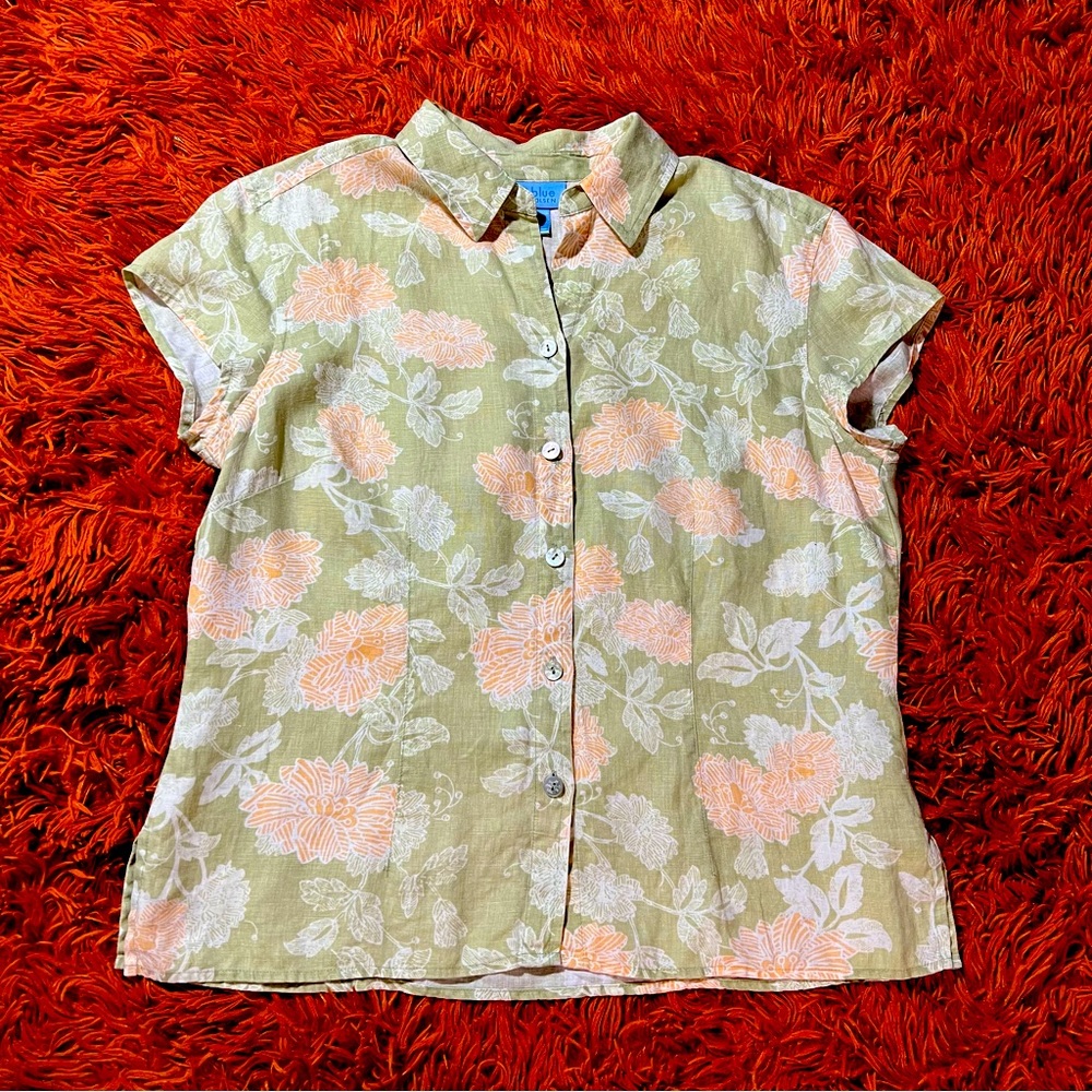 Women’s SO blue Sigrid Olsen 100% Linen Button Up Top sz S Floral Short Sleeve